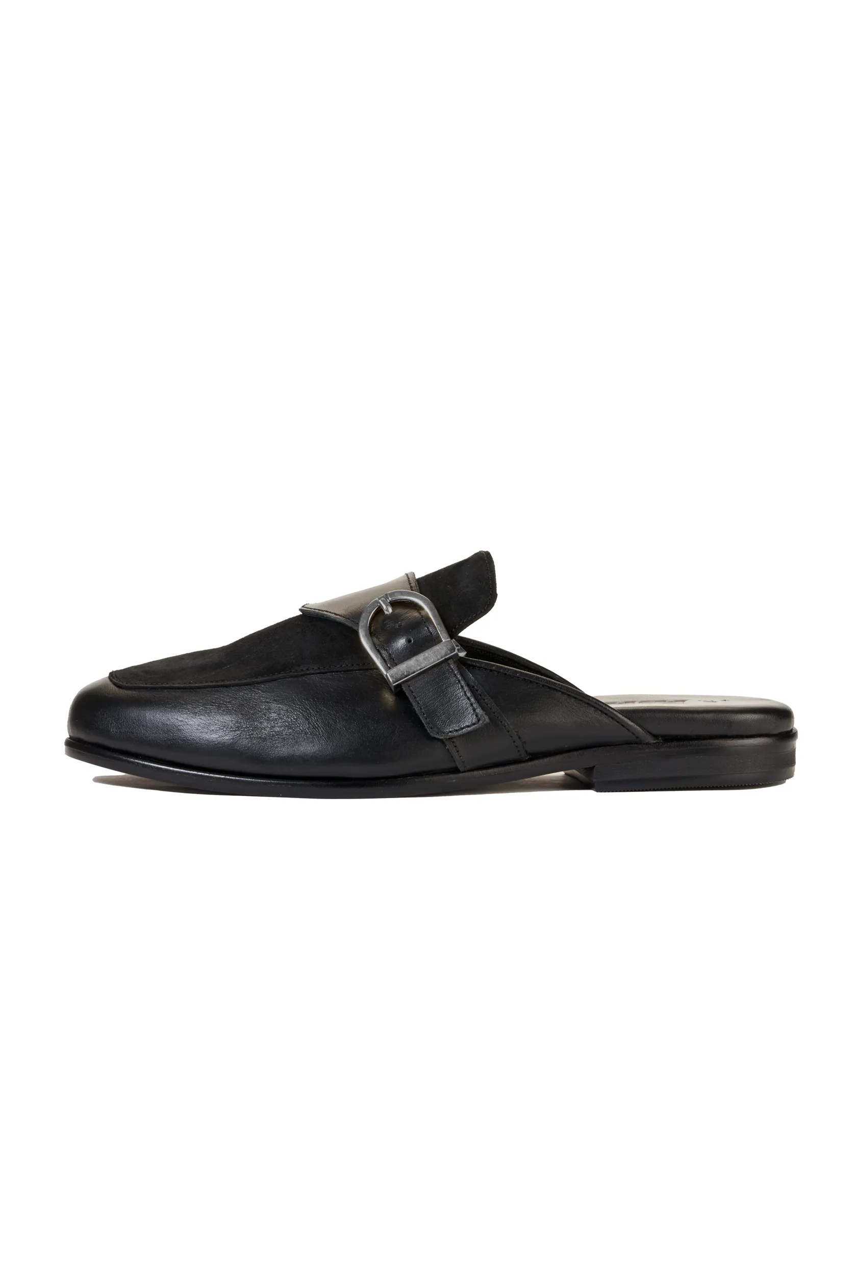 Ajadi Half Shoes in Black Leather with Black Suede and Strap Buckle