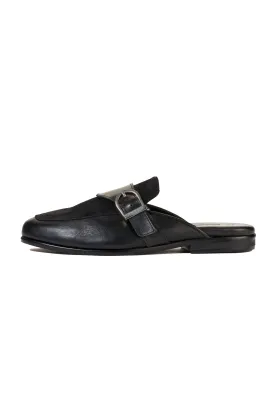 Ajadi Half Shoes in Black Leather with Black Suede and Strap Buckle