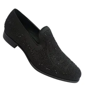 Black Satin Material Men's Shoes Glitter Stone Tuxedo Pron Slip-On Loafer Style-S61