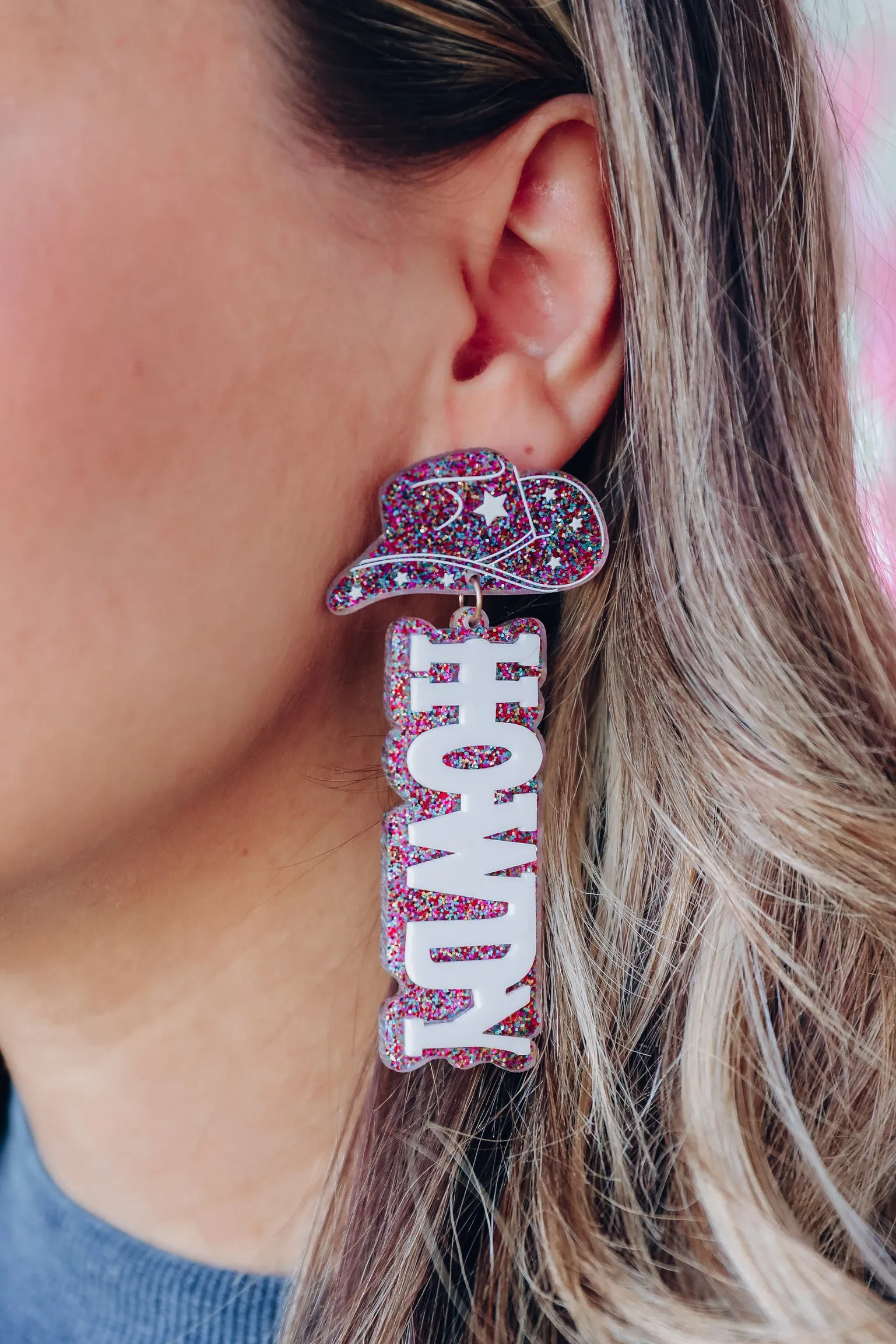 Cowboy Hat "Howdy" Glitter Earrings - Multi
