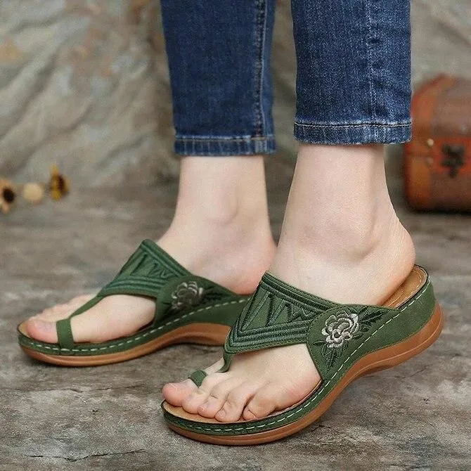 Embroidery Orthopedic Comfy Flip Flop Sandals Walking Leather Sandals 2024