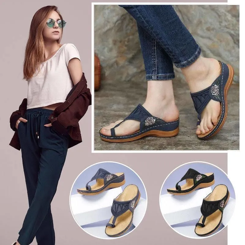 Embroidery Orthopedic Comfy Flip Flop Sandals Walking Leather Sandals 2024