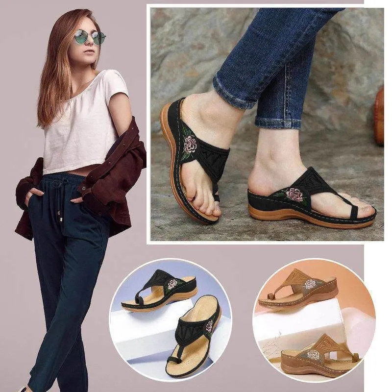 Embroidery Orthopedic Comfy Flip Flop Sandals Walking Leather Sandals 2024