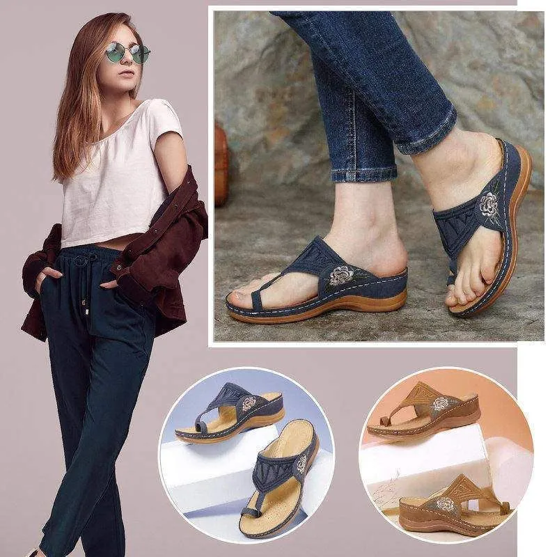 Embroidery Orthopedic Comfy Flip Flop Sandals Walking Leather Sandals 2024