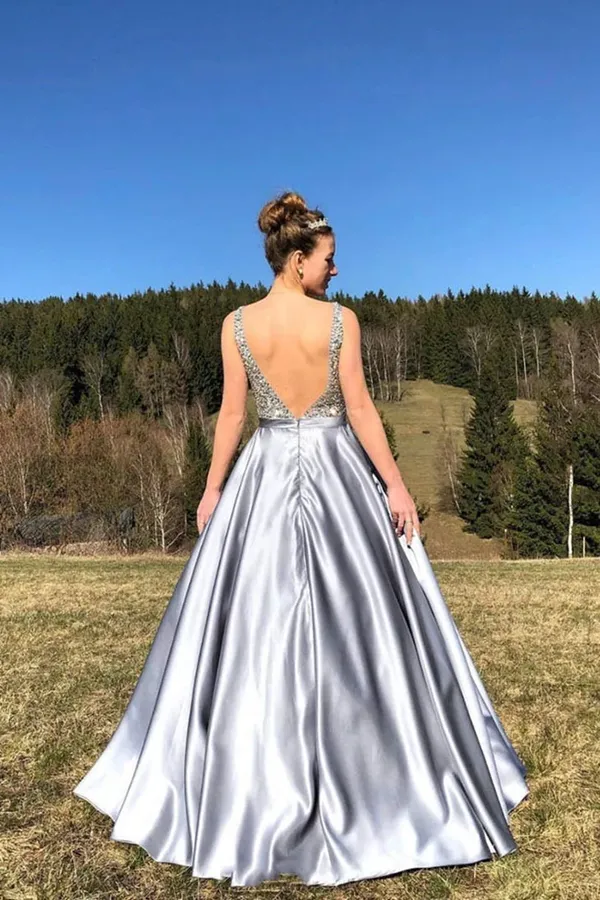Kateprom A Line Satin V Neck Beading Long Prom Dress V Back Evening Dresses KPP1496