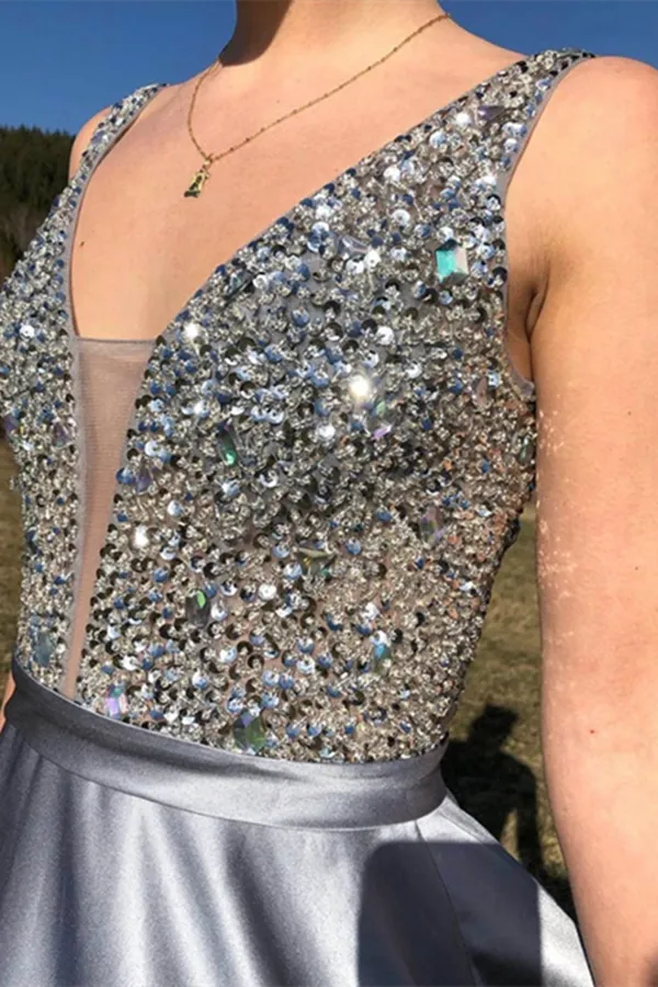 Kateprom A Line Satin V Neck Beading Long Prom Dress V Back Evening Dresses KPP1496