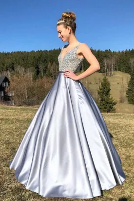 Kateprom A Line Satin V Neck Beading Long Prom Dress V Back Evening Dresses KPP1496
