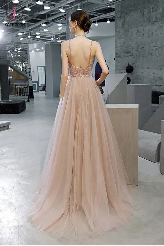 Kateprom A Line Straps Sleeveless Prom Dress with Beading and Sequins, Long Evening Dress KPP1292