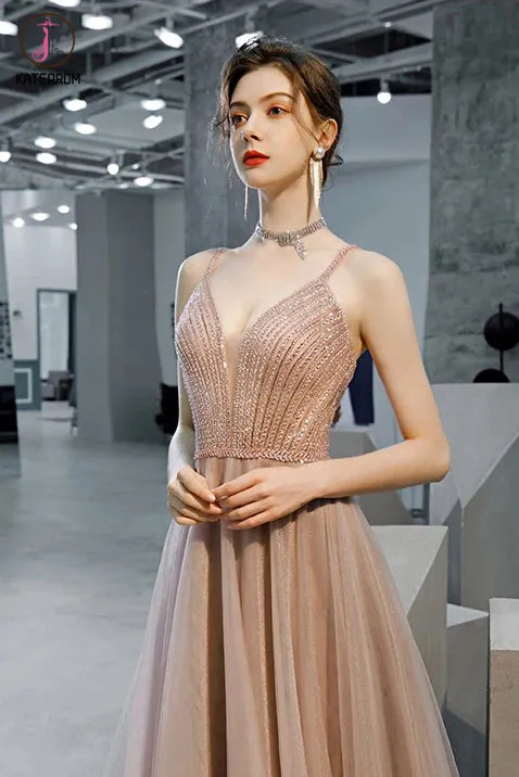 Kateprom A Line Straps Sleeveless Prom Dress with Beading and Sequins, Long Evening Dress KPP1292