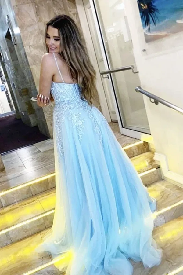 Kateprom A Line V Neck Light Blue Lace Appliques Long Prom Dress, Spaghrtti Straps Formal Evening Dress KPP1451