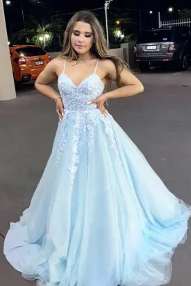 Kateprom A Line V Neck Light Blue Lace Appliques Long Prom Dress, Spaghrtti Straps Formal Evening Dress KPP1451