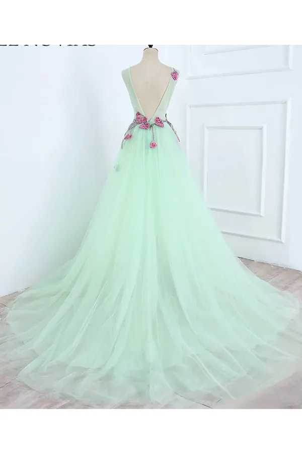 Kateprom Beautiful A line Scoop Blue Long Prom Dress Floral Formal Dresses Evening Gowns KPP1536