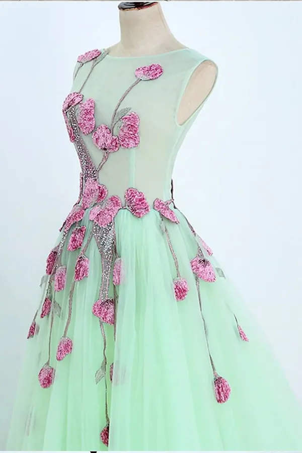 Kateprom Beautiful A line Scoop Blue Long Prom Dress Floral Formal Dresses Evening Gowns KPP1536