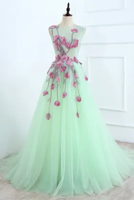 Kateprom Beautiful A line Scoop Blue Long Prom Dress Floral Formal Dresses Evening Gowns KPP1536