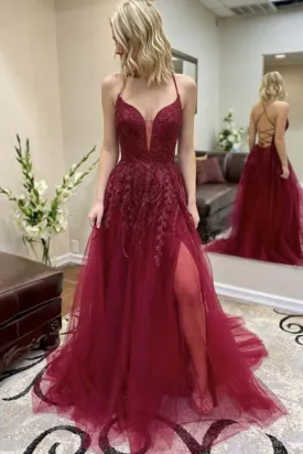 Kateprom Burgundy Tulle A line Lace Up Back Thigh Slit Prom Dresses, Evening Gown KPP1521
