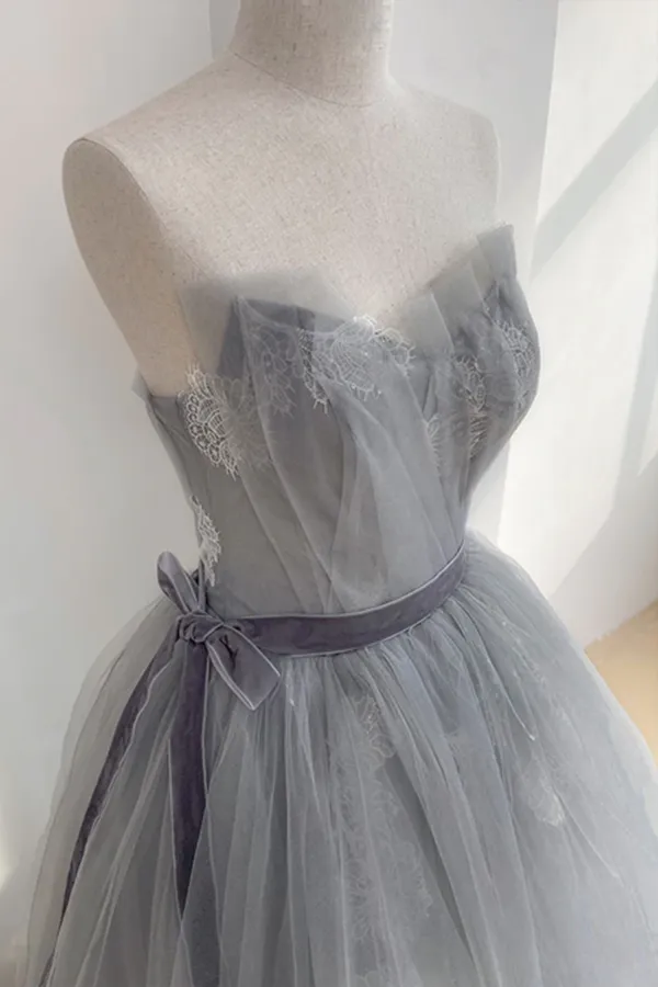 Kateprom Chic A line Strapless Gray Tulle Long Prom Dress Applique Evening Formal Dress KPP1520