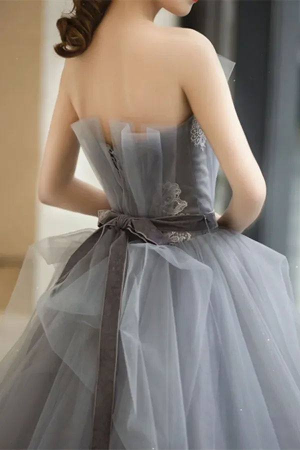Kateprom Chic A line Strapless Gray Tulle Long Prom Dress Applique Evening Formal Dress KPP1520