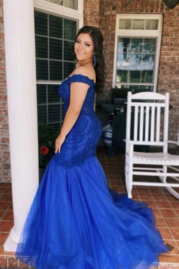 Kateprom Chic Mermaid Off The Shoulder Royal Blue Prom Dress Tulle Evening Dresses KPP1495