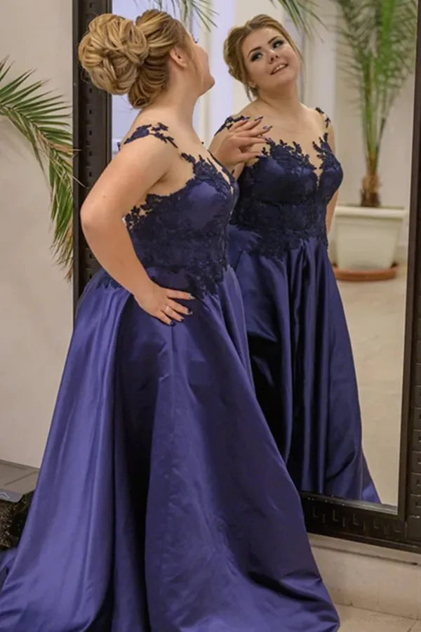 Kateprom Delicate Scoop Satin Sweep Train Prom Dresses With Appliques KPP1430