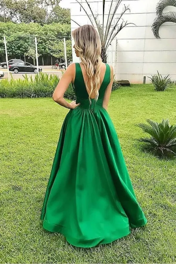 Kateprom Elegant A Line Sexy V Neck Long Satin Backless Prom Dresses Evening Dress KPP1436