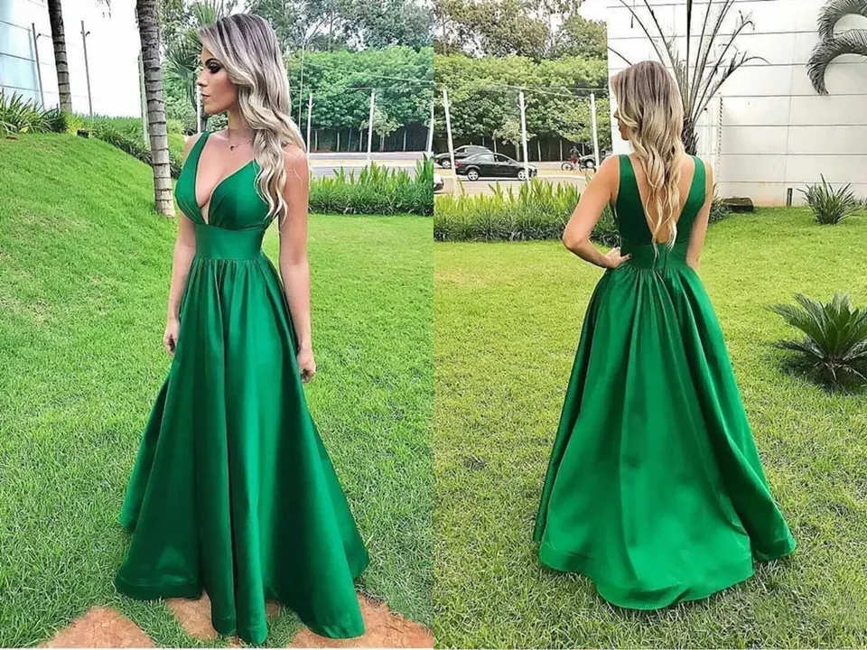 Kateprom Elegant A Line Sexy V Neck Long Satin Backless Prom Dresses Evening Dress KPP1436