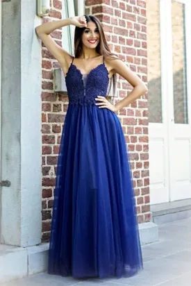 Kateprom Exquisite Spaghetti Straps A line Prom Dresses Tulle Appliqued Gowns KPP1431