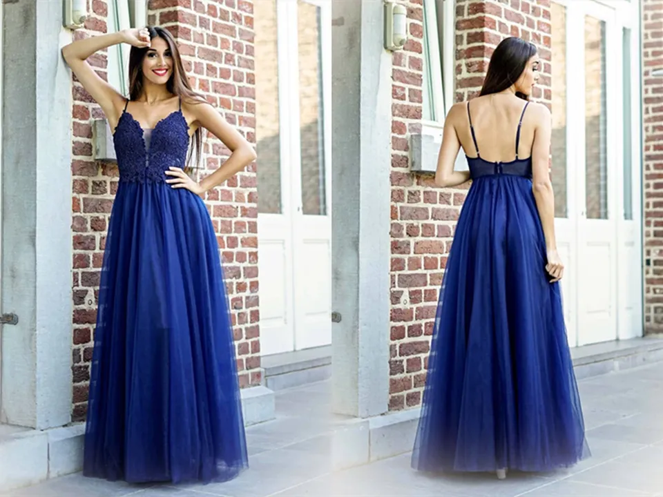Kateprom Exquisite Spaghetti Straps A line Prom Dresses Tulle Appliqued Gowns KPP1431