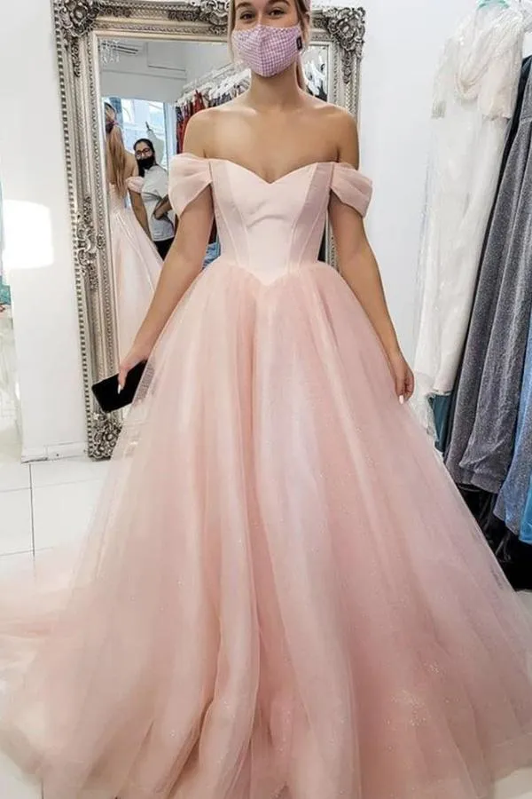 Kateprom Light Pink Off The Shoulder Long Tulle Prom Evening Dress, A Line Simple Party Dress KPP1480