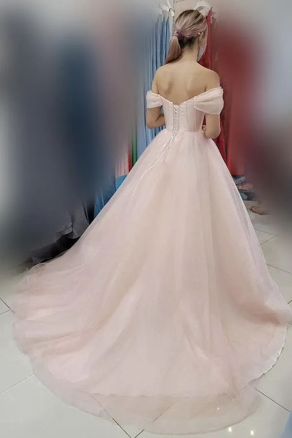 Kateprom Light Pink Off The Shoulder Long Tulle Prom Evening Dress, A Line Simple Party Dress KPP1480