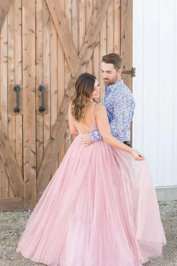Kateprom Long Prom Dress With Beaded Bodice And Plunging Illusion V Neck Formal Dress KPP1441