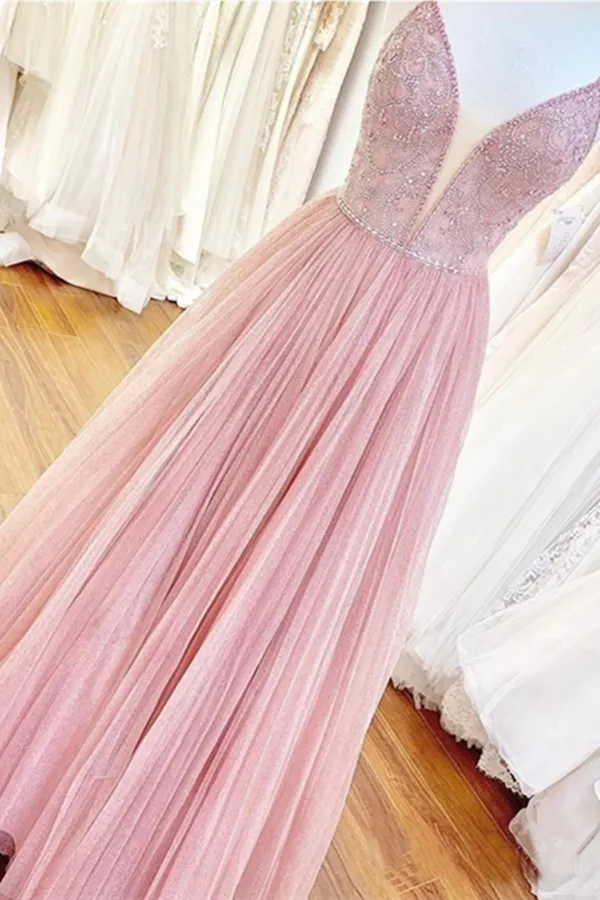Kateprom Long Prom Dress With Beaded Bodice And Plunging Illusion V Neck Formal Dress KPP1441