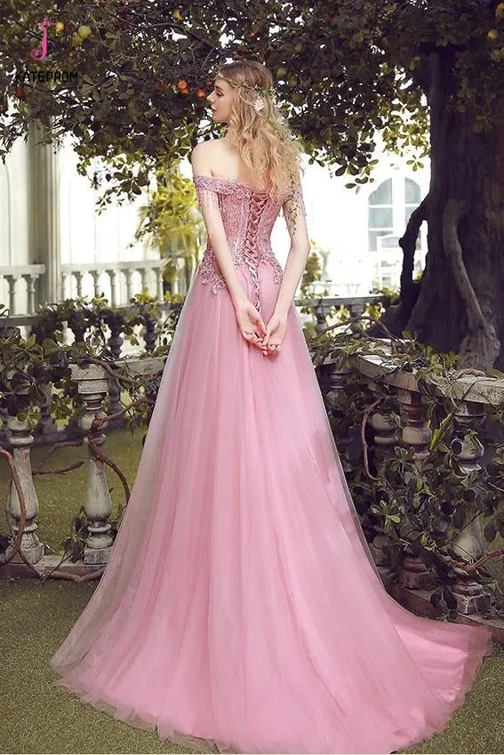 Kateprom Pink Off the Shoulder Tulle Prom Dress with Lace Appliques, Long Evening Dresses KPP1309