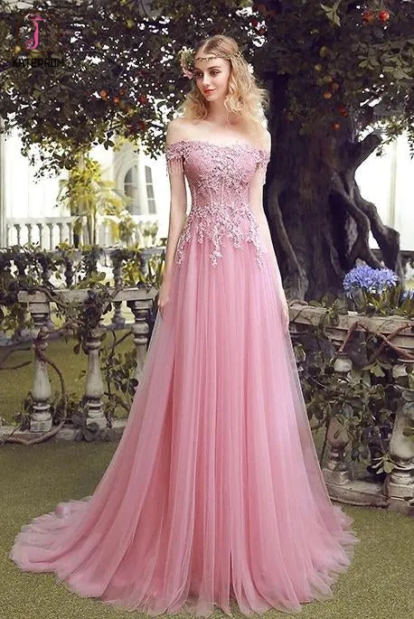 Kateprom Pink Off the Shoulder Tulle Prom Dress with Lace Appliques, Long Evening Dresses KPP1309