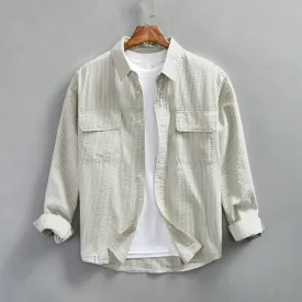 Mens Button-Up Shirt  Lightweight Cotton  Relaxed Fit  Striped  Long Sleeve