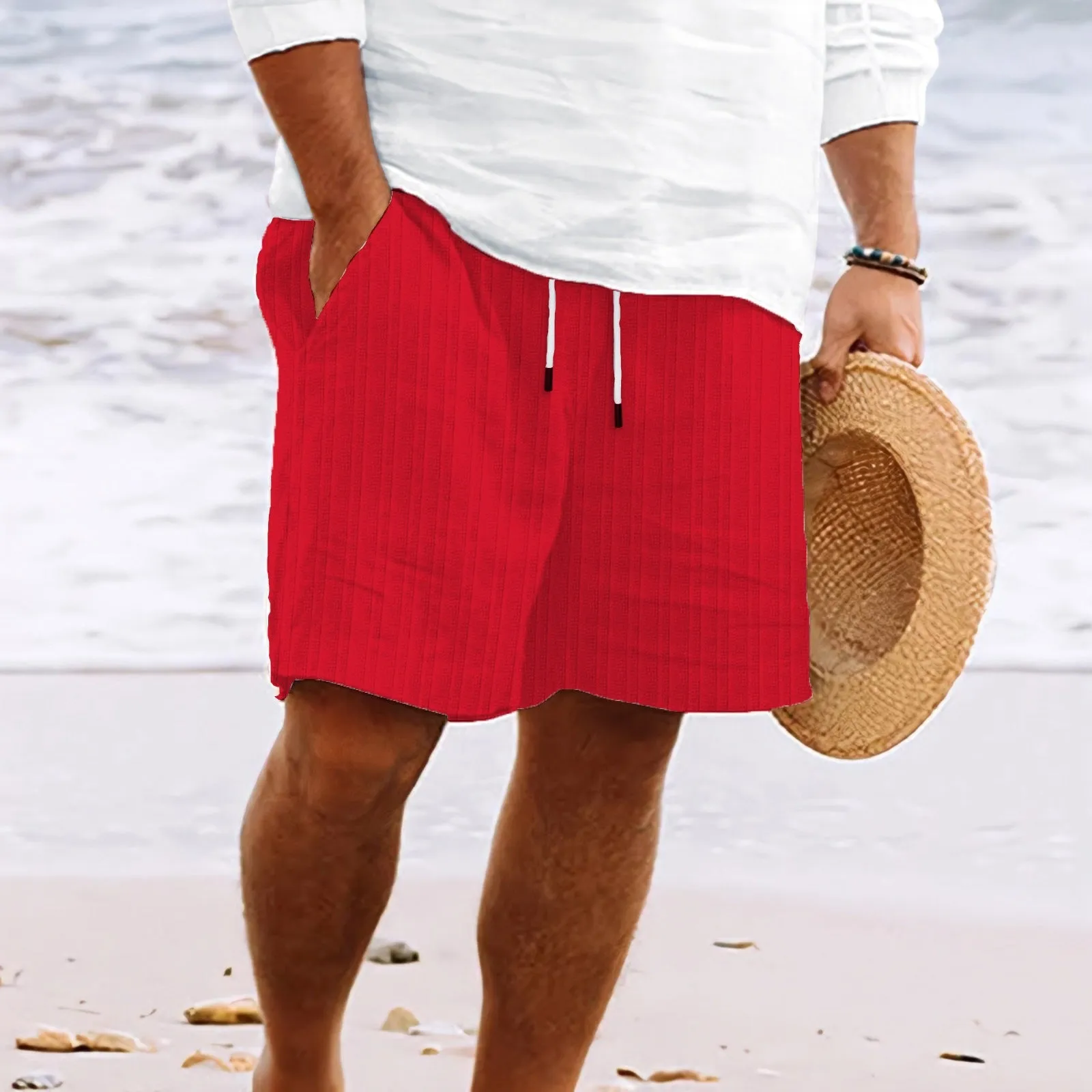 Mens Casual Shorts  Cotton Linen Blend  Relaxed Fit  Drawstring  Multi Pocket