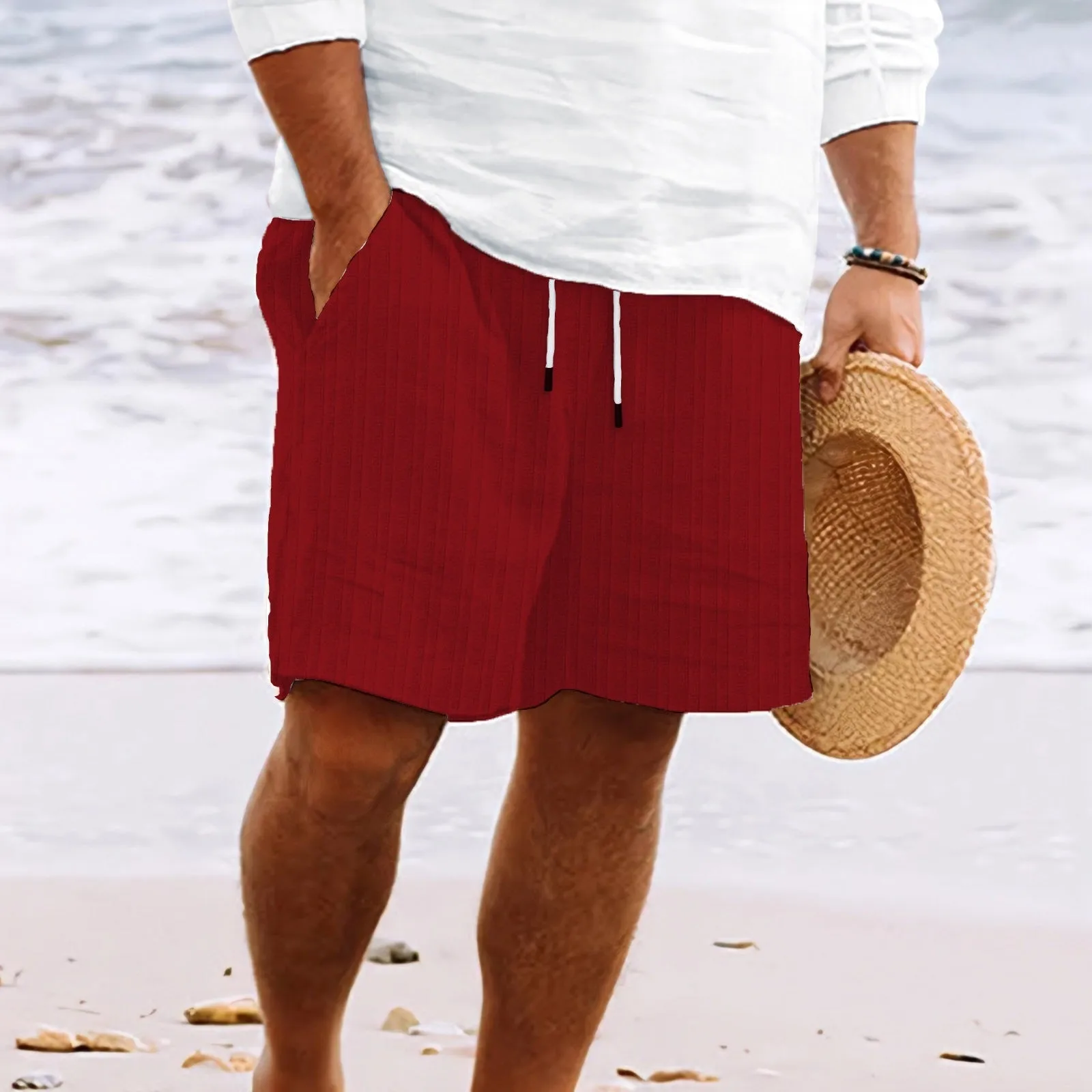 Mens Casual Shorts  Cotton Linen Blend  Relaxed Fit  Drawstring  Multi Pocket