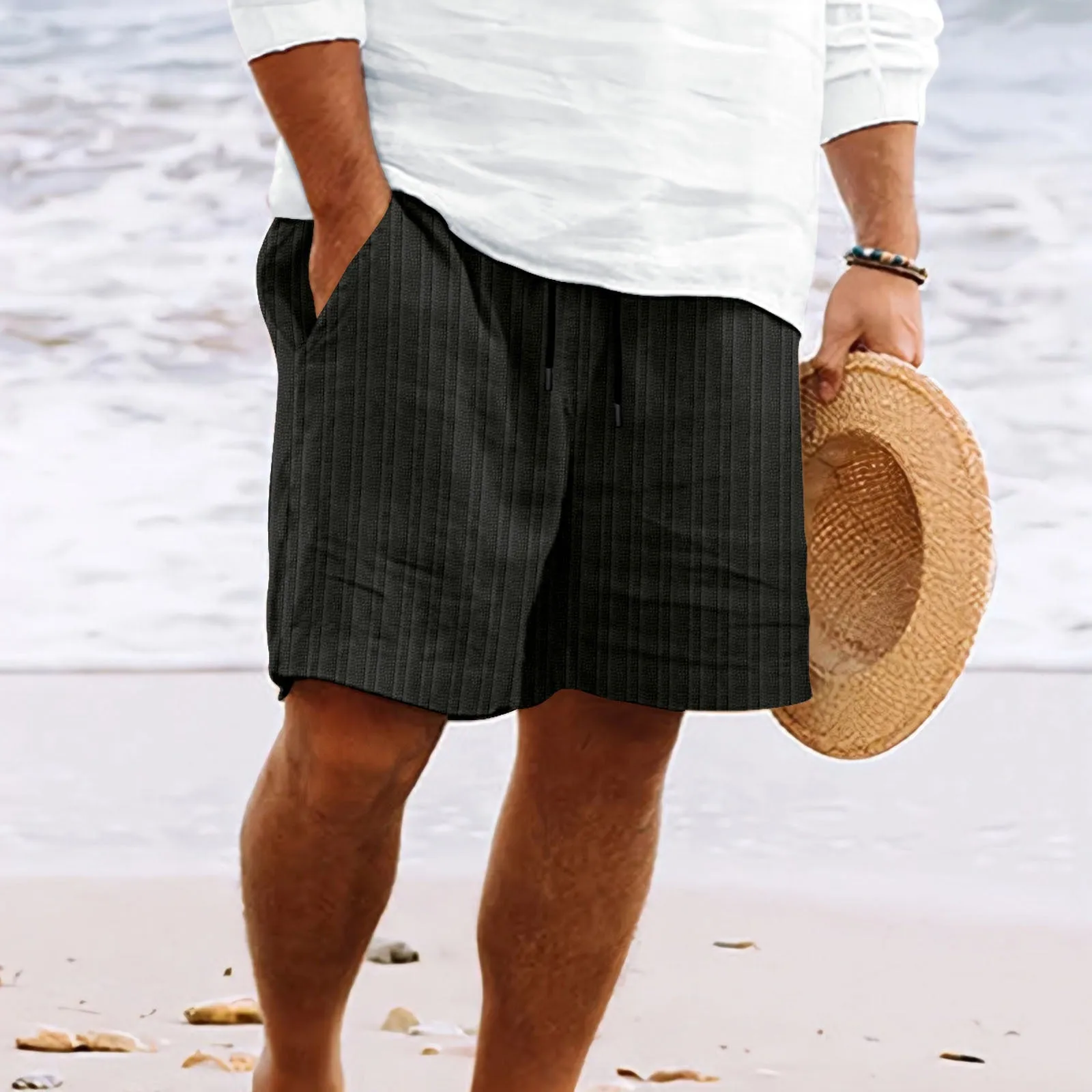 Mens Casual Shorts  Cotton Linen Blend  Relaxed Fit  Drawstring  Multi Pocket
