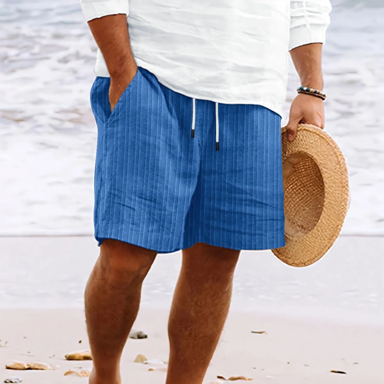 Mens Casual Shorts  Cotton Linen Blend  Relaxed Fit  Drawstring  Multi Pocket