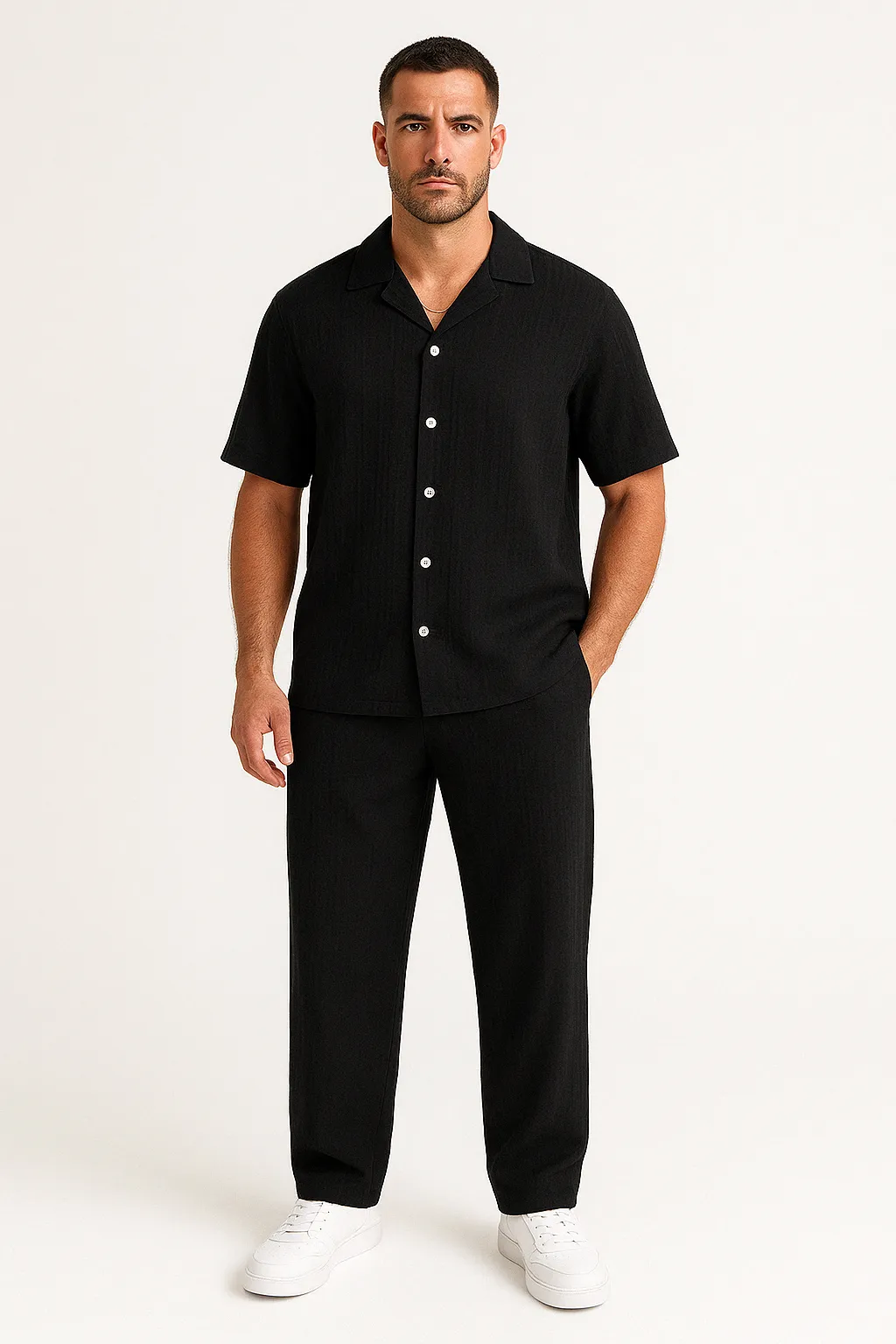 Mens Casual Suit Set  Cotton Linen Blend  Relaxed Fit  Short Sleeve Shirt & Pants