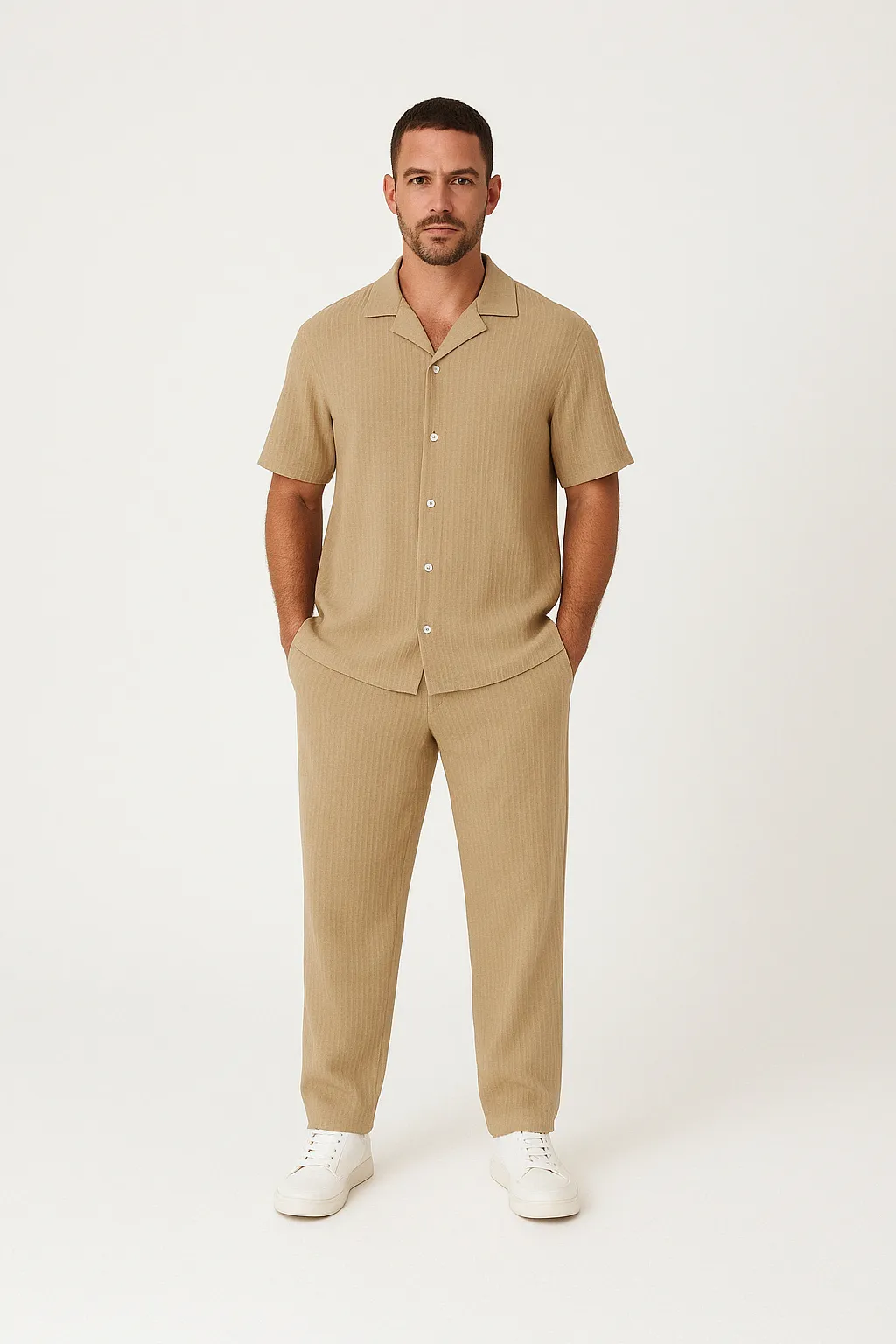 Mens Casual Suit Set  Cotton Linen Blend  Relaxed Fit  Short Sleeve Shirt & Pants