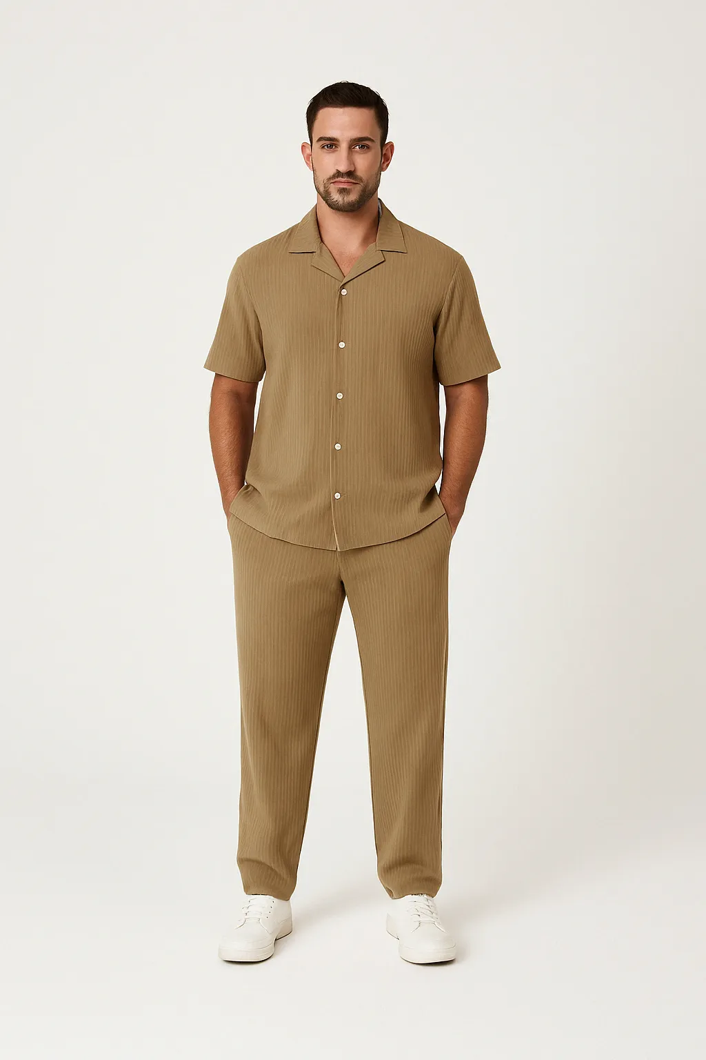 Mens Casual Suit Set  Cotton Linen Blend  Relaxed Fit  Short Sleeve Shirt & Pants