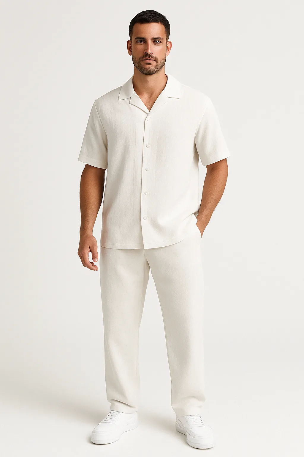 Mens Casual Suit Set  Cotton Linen Blend  Relaxed Fit  Short Sleeve Shirt & Pants