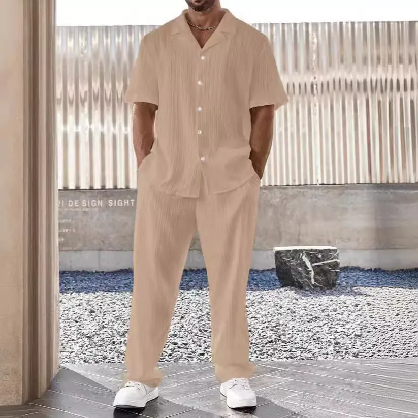 Mens Casual Suit Set  Cotton Linen Blend  Relaxed Fit  Short Sleeve Shirt & Pants