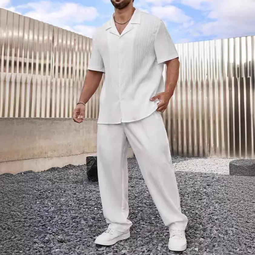 Mens Casual Suit Set  Cotton Linen Blend  Relaxed Fit  Short Sleeve Shirt & Pants