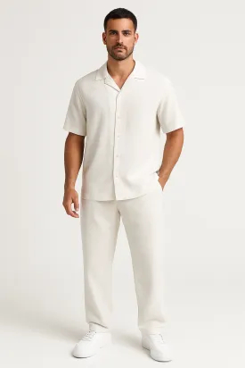 Mens Casual Suit Set  Cotton Linen Blend  Relaxed Fit  Short Sleeve Shirt & Pants