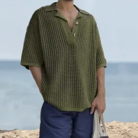 Mens Knit Sweater  Open Knit  Oversized Fit  Notched Lapel  Short Sleeve