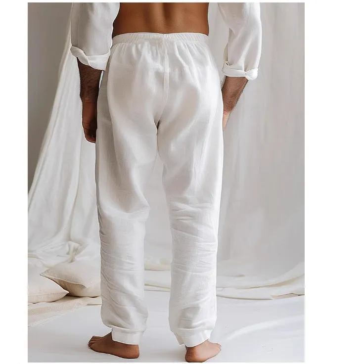 Mens Linen Pants  Relaxed Fit  Drawstring Waist  Full Length  Side Pockets
