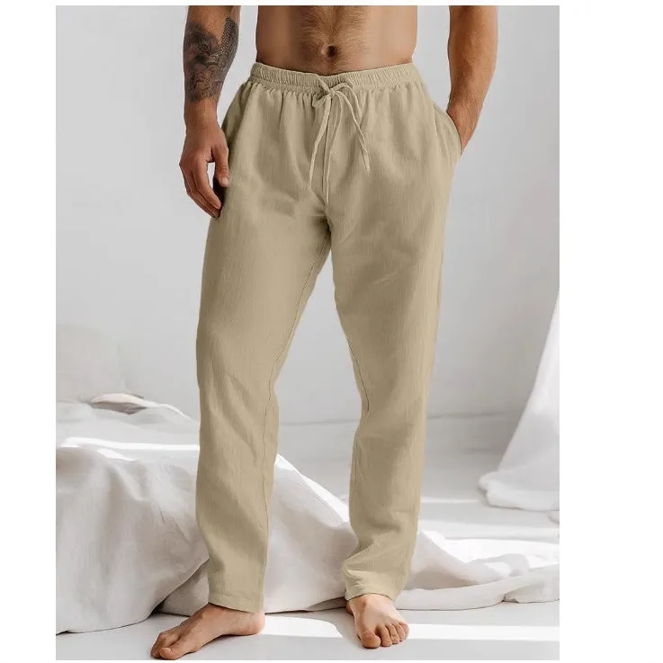 Mens Linen Pants  Relaxed Fit  Drawstring Waist  Full Length  Side Pockets