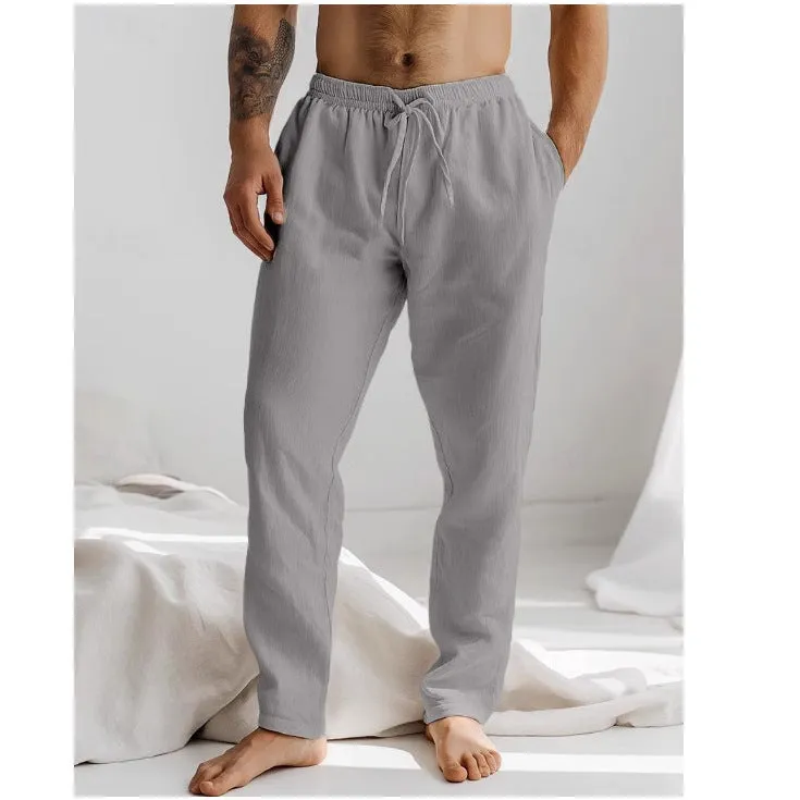 Mens Linen Pants  Relaxed Fit  Drawstring Waist  Full Length  Side Pockets