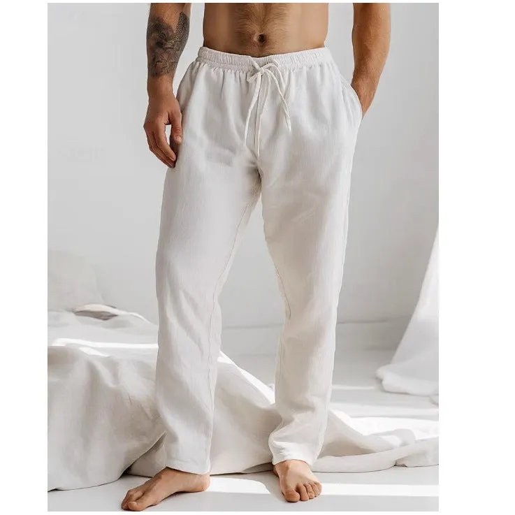 Mens Linen Pants  Relaxed Fit  Drawstring Waist  Full Length  Side Pockets
